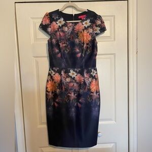 Floral Sheath Dress - Navy with Coral Accents